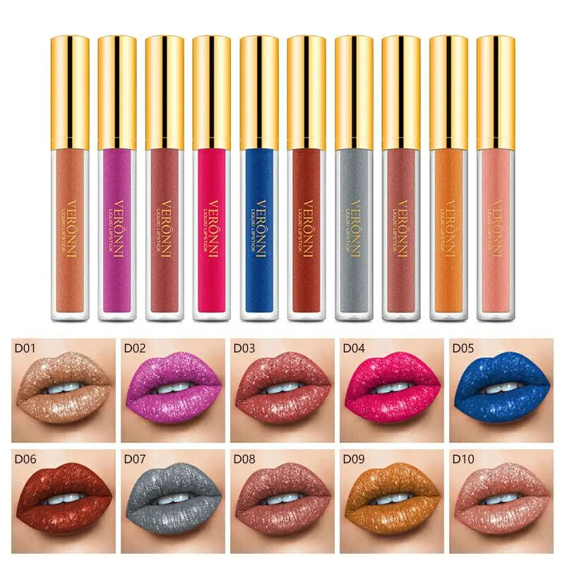 10 Colors Sexy Diamond Lip Gloss Shimmer Long Lasting Lip Makeup Waterproof Metallic Pearl Color Velvet Lipstick Cosmetics