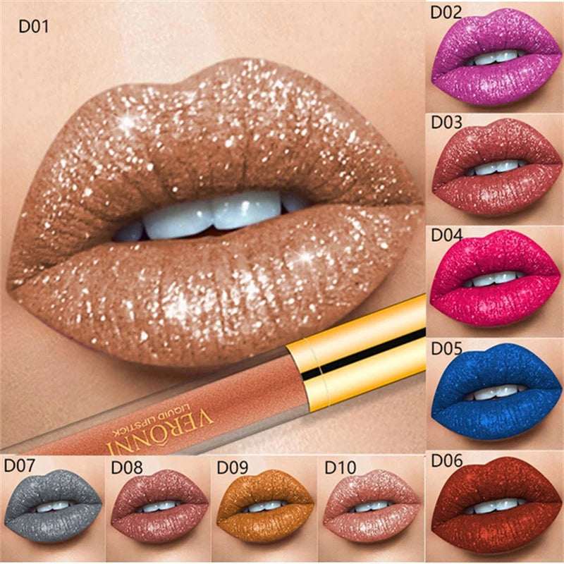10 Colors Sexy Diamond Lip Gloss Shimmer Long Lasting Lip Makeup Waterproof Metallic Pearl Color Velvet Lipstick Cosmetics