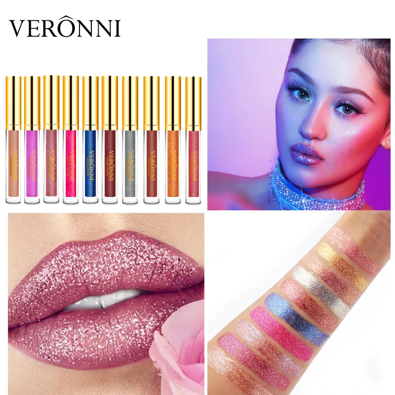 10 Colors Sexy Diamond Lip Gloss Shimmer Long Lasting Lip Makeup Waterproof Metallic Pearl Color Velvet Lipstick Cosmetics